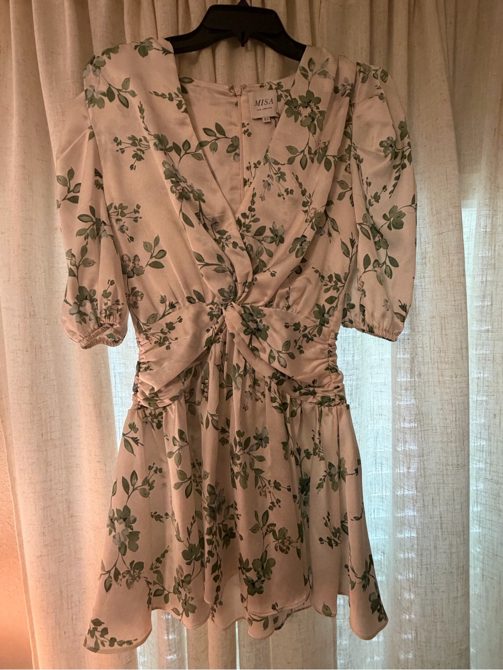 Misa Los Angeles Cream Mini Dress with Green Floral Print and Twist Front